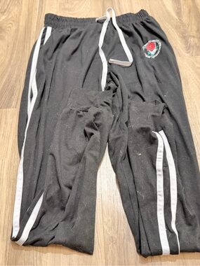 Black Women's Track Joggers with Contrast Stripes and Rose Patch